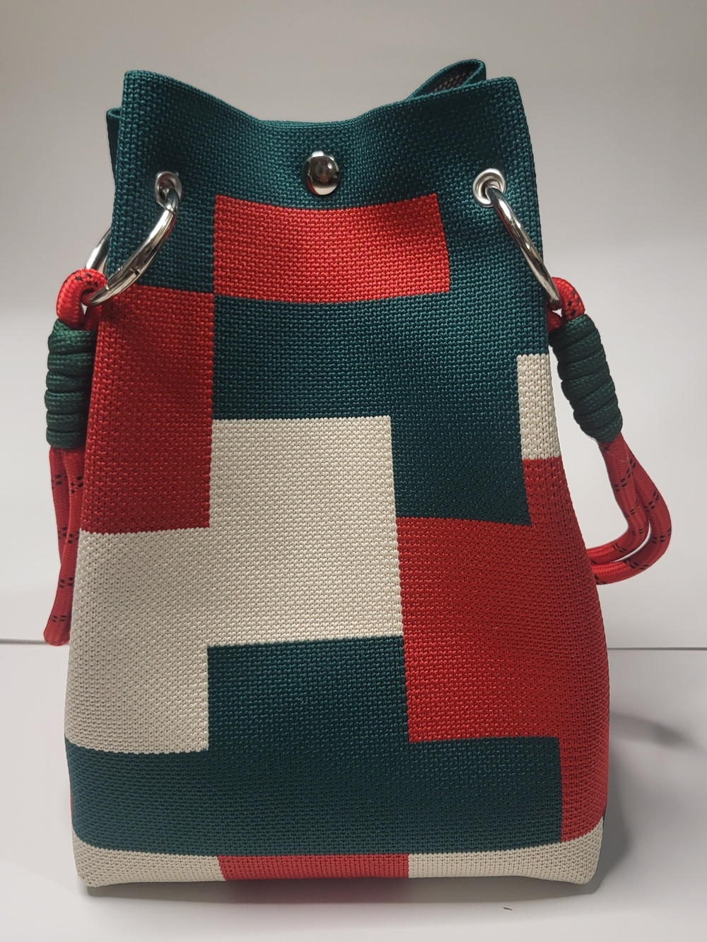Knit Bucket Bag in Teal, Red & Cream